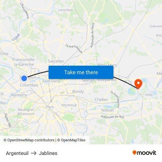 Argenteuil to Jablines map