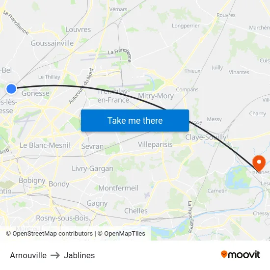 Arnouville to Jablines map