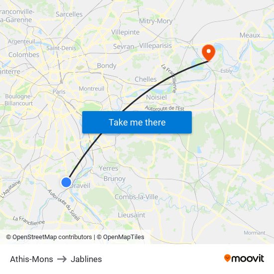 Athis-Mons to Jablines map