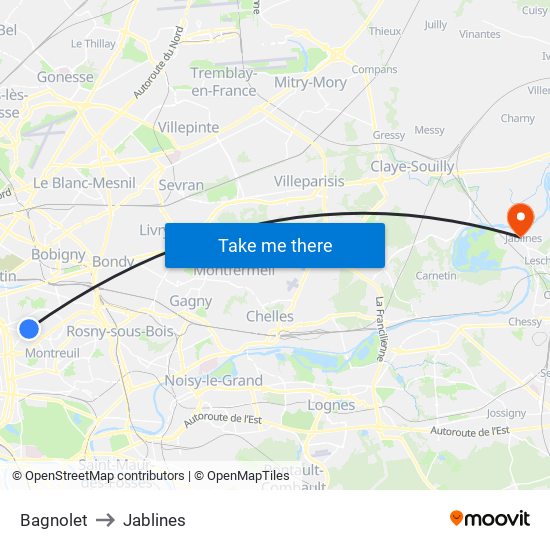 Bagnolet to Jablines map