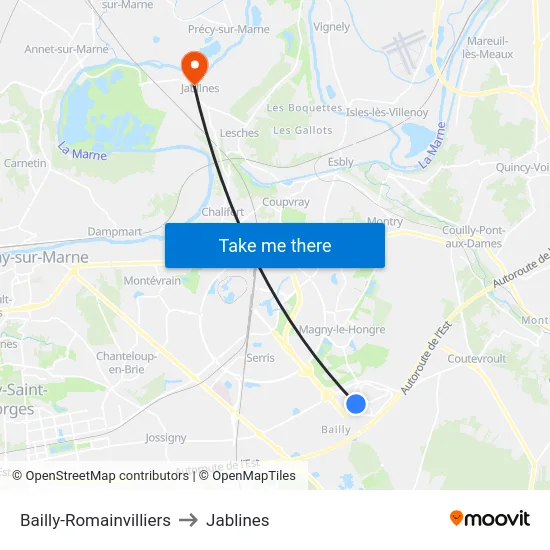 Bailly-Romainvilliers to Jablines map