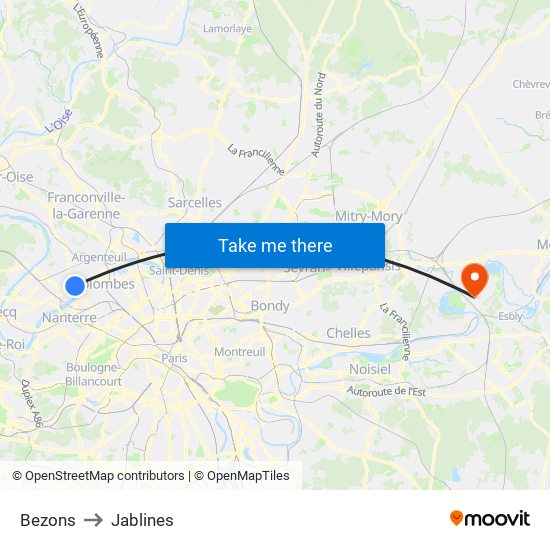 Bezons to Jablines map