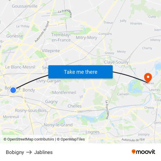 Bobigny to Jablines map