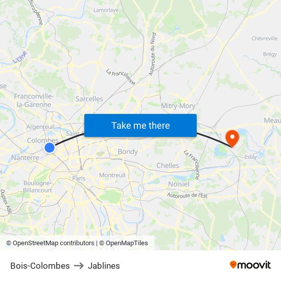 Bois-Colombes to Jablines map