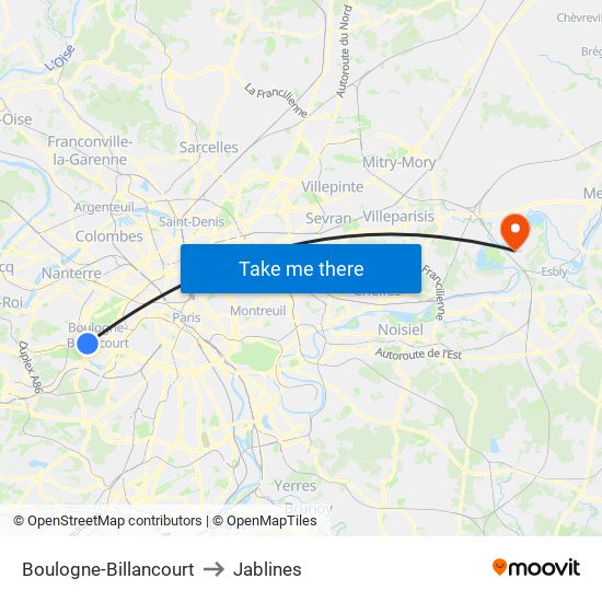 Boulogne-Billancourt to Jablines map