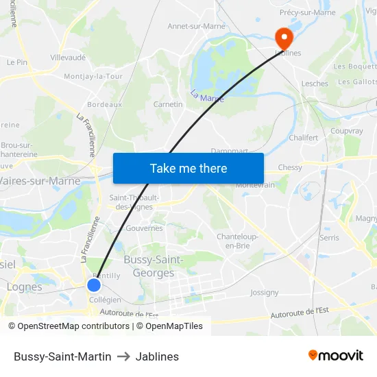 Bussy-Saint-Martin to Jablines map