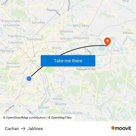 Cachan to Jablines map