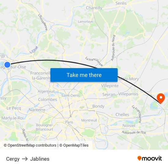 Cergy to Jablines map