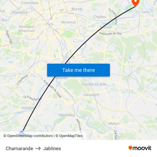 Chamarande to Jablines map