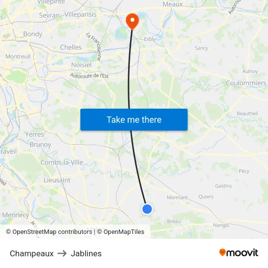Champeaux to Jablines map