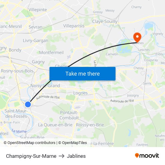 Champigny-Sur-Marne to Jablines map