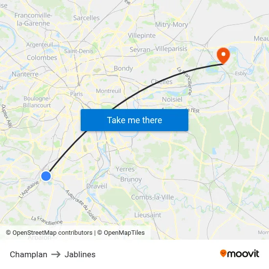 Champlan to Jablines map