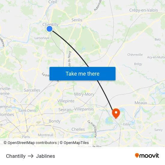 Chantilly to Jablines map