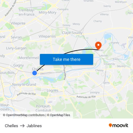 Chelles to Jablines map