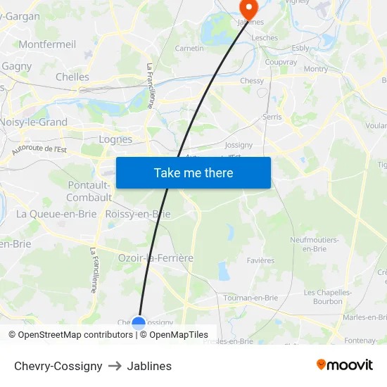 Chevry-Cossigny to Jablines map