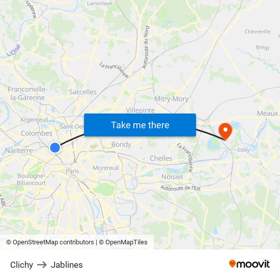 Clichy to Jablines map