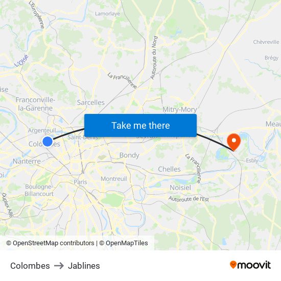 Colombes to Jablines map