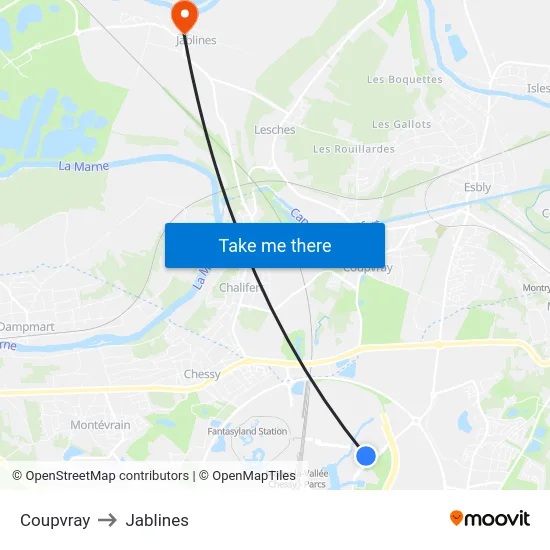 Coupvray to Jablines map