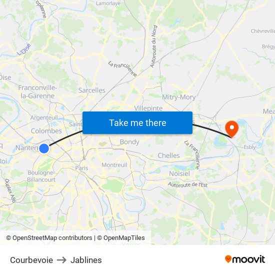 Courbevoie to Jablines map