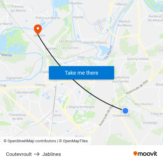 Coutevroult to Jablines map