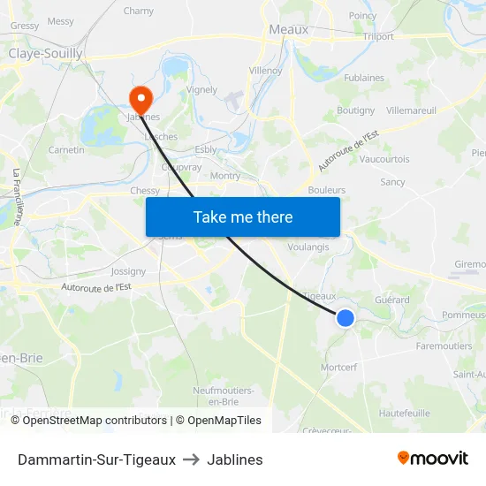 Dammartin-Sur-Tigeaux to Jablines map