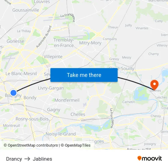 Drancy to Jablines map