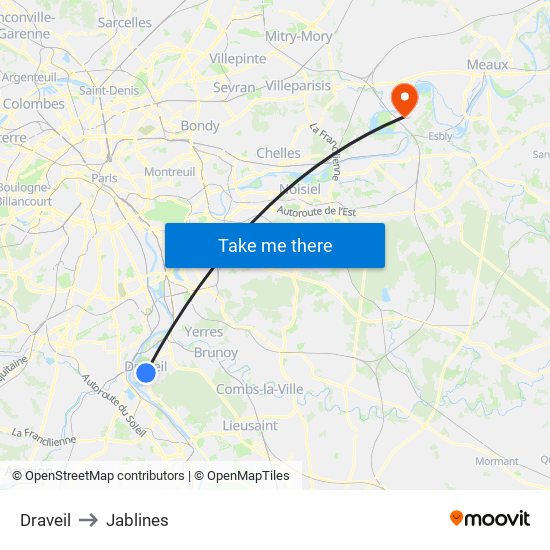 Draveil to Jablines map