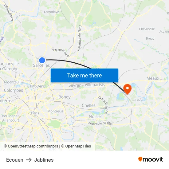 Ecouen to Jablines map