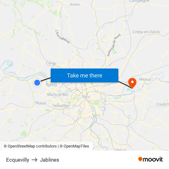 Ecquevilly to Jablines map