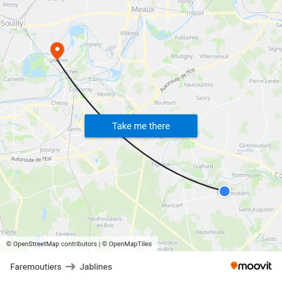 Faremoutiers to Jablines map