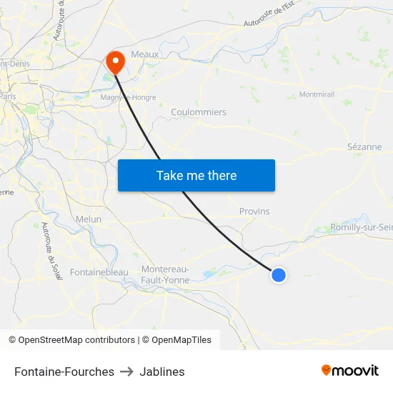 Fontaine-Fourches to Jablines map