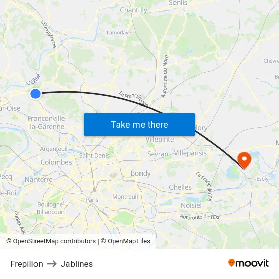 Frepillon to Jablines map