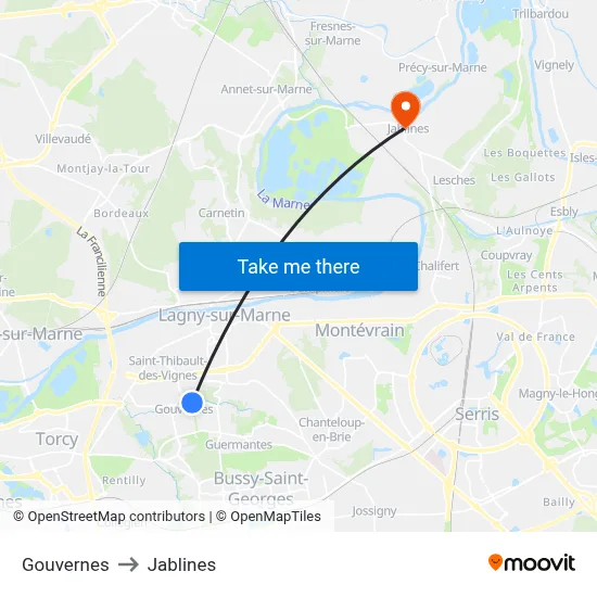 Gouvernes to Jablines map