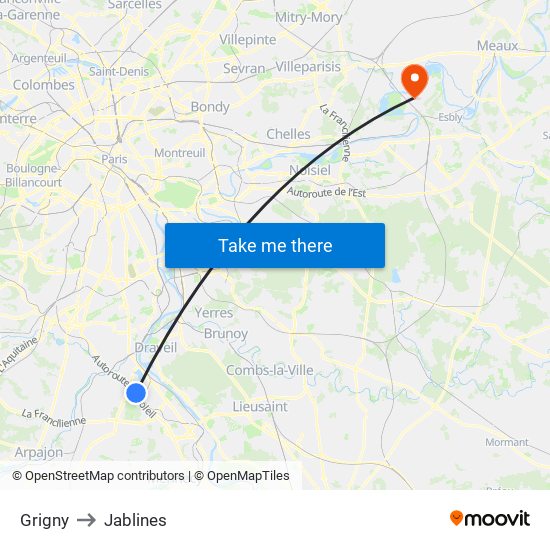 Grigny to Jablines map