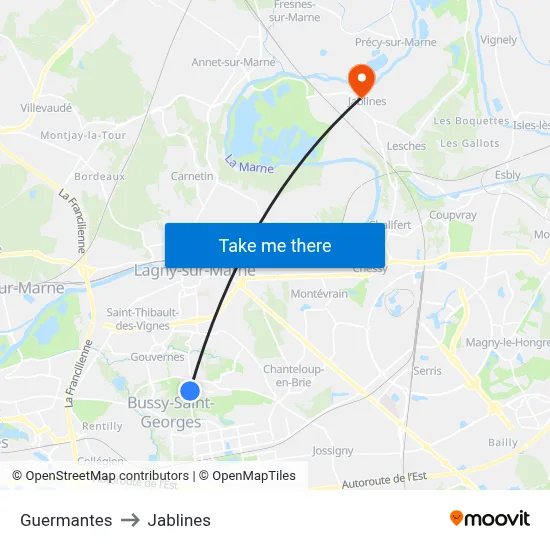 Guermantes to Jablines map