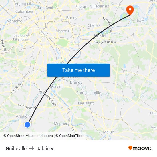 Guibeville to Jablines map