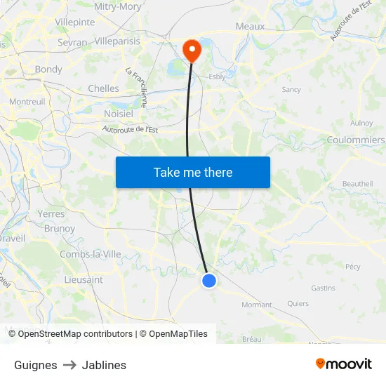 Guignes to Jablines map