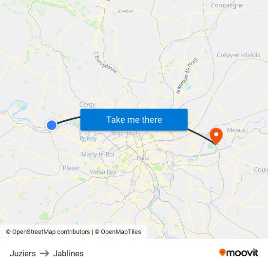 Juziers to Jablines map