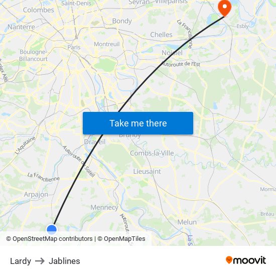 Lardy to Jablines map