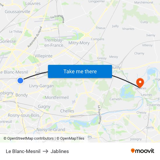 Le Blanc-Mesnil to Jablines map