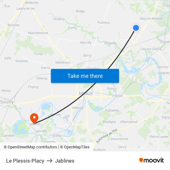 Le Plessis-Placy to Jablines map
