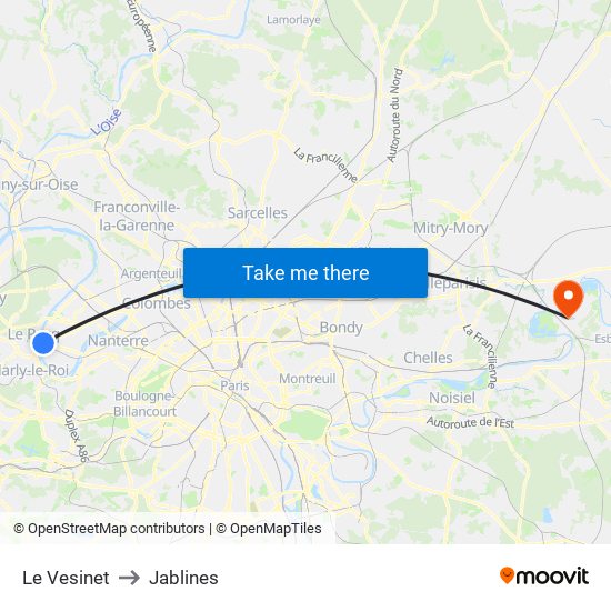 Le Vesinet to Jablines map