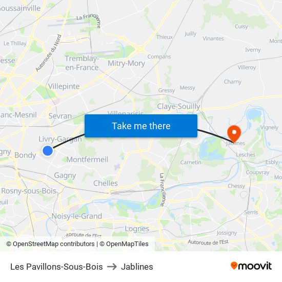 Les Pavillons-Sous-Bois to Jablines map