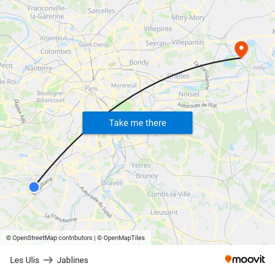 Les Ulis to Jablines map