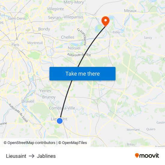 Lieusaint to Jablines map
