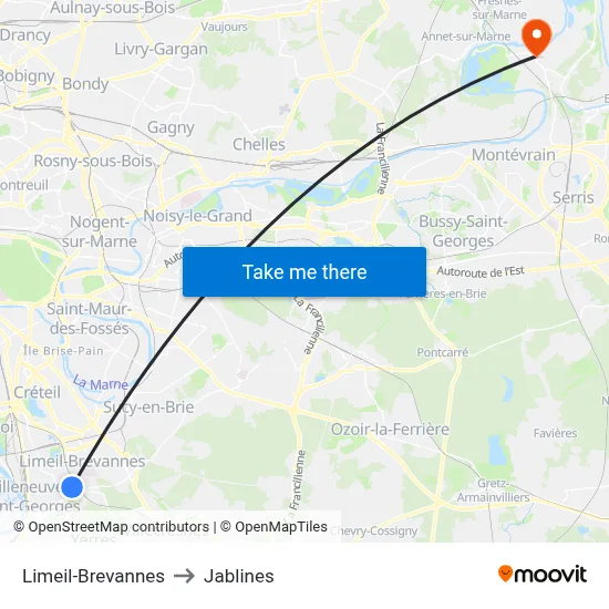 Limeil-Brevannes to Jablines map