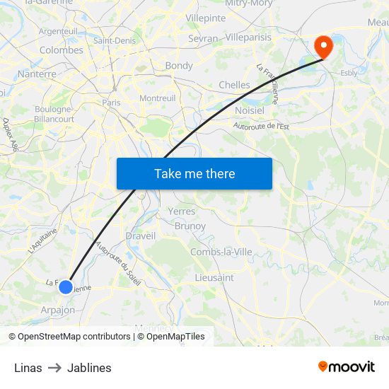 Linas to Jablines map