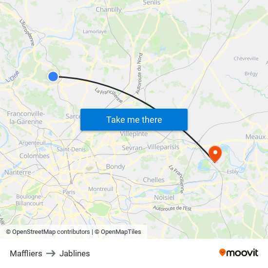 Maffliers to Jablines map