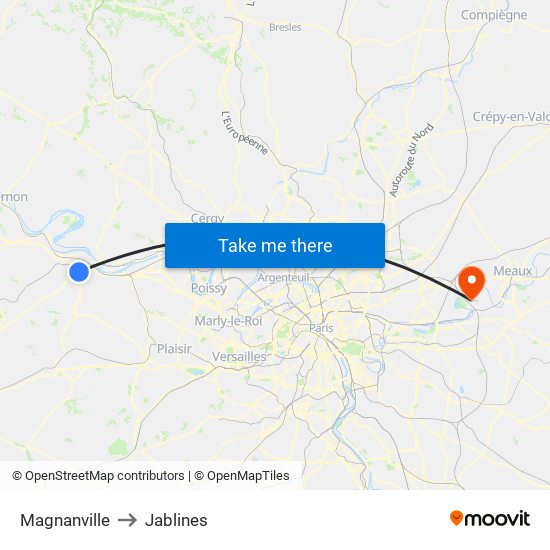 Magnanville to Jablines map