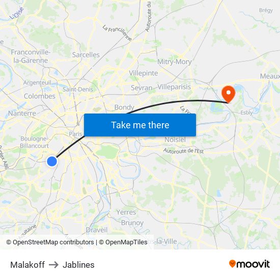 Malakoff to Jablines map